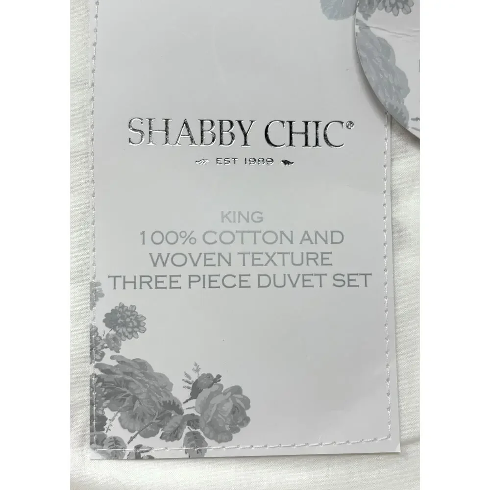 Shabby Chic Cotton Floral Woven KING Size Duvet Set White Rose Pink Fringe
